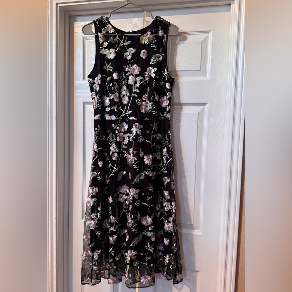 DKNY Black Midi Dress with Pink and Cream Floral Embroidery